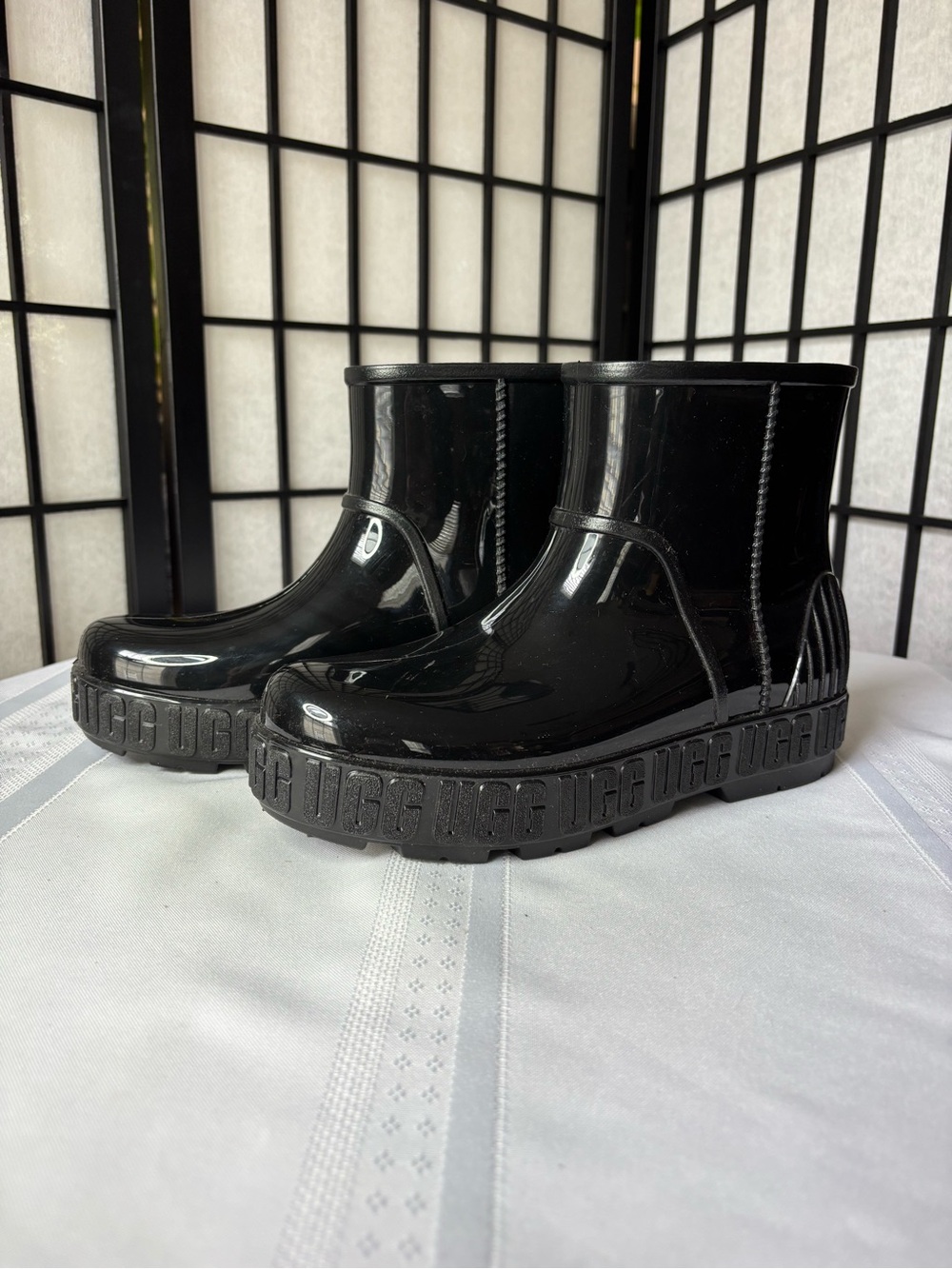 UGG Glossy Black Platform Mini Rain Boot